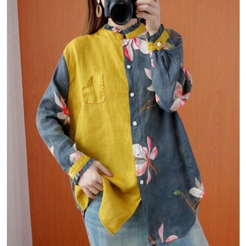 Oversized Women Cotton Linen Casual Shirts New 2021 Spring Vintage Style Floral Print Loose Female Long Sleeve Tops S3432