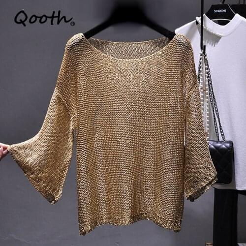 Qooth Shiny Lurex Sequin Sweater Women Long Sleeve Pullover Round Neck Golden Basic Shirt Sequin Knit Tops Jumper QH2174