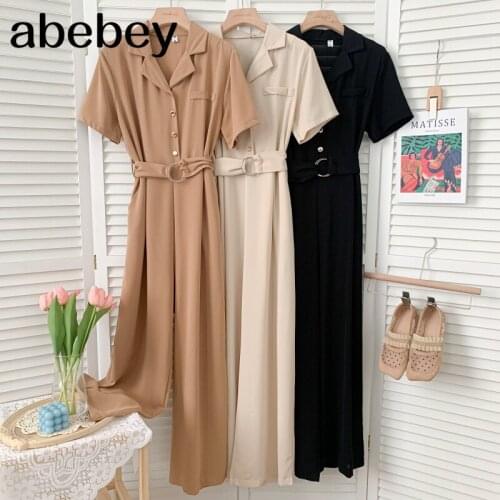 2021 New Summer Fashion versatile turn-down collar short sleeve Jumpsuit waist bandage single breasted casual wide leg Jumpsuit
