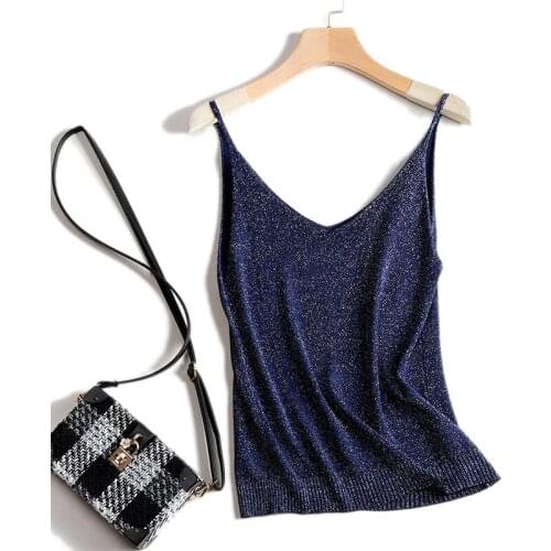 Womens Summer Camisole 2021 Shiny Lurex Sexy Top Women Halter V Neck Basic White Cami Sleeveless Knitted Tank Tops