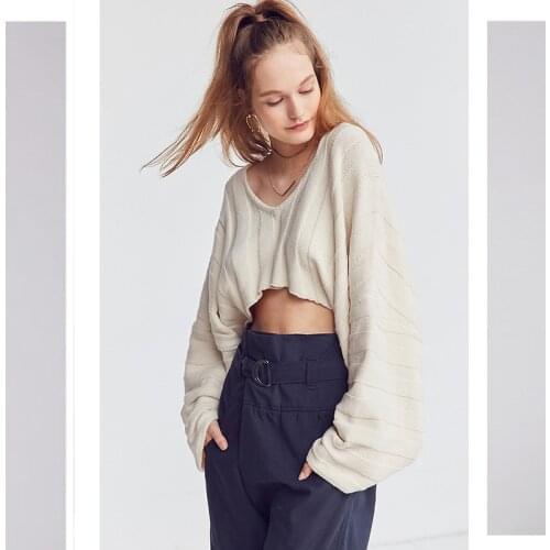 Women Solid Beige Big V Neck Crop Sweater Batwing Sleeve Loose 2021 Winter New Lady Sexy Character Knitwear Femme Knitted Top