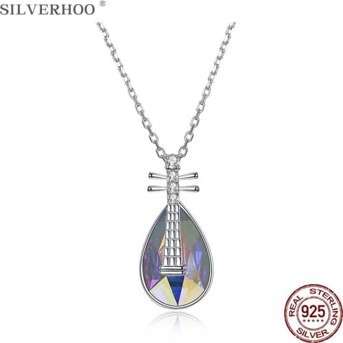 SILVERHOO S925 Sterling Silver Classical Pipa Modelling Pendant Necklace Irregular Austria Crystal Women Fall Fine Jewelry