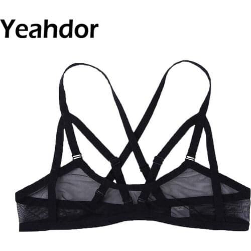 Womens Wire-free Sexy Lingerie Soft Mesh See Through Adjustable Spaghetti Shoulder Straps Back CrossNo Pad Bondage Bra Top