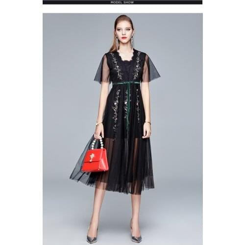 2021 New Summer Party Dress Black Mesh Embroidery Long Dress Women Short Sleeve Vintage Elegant Bow Vestidos