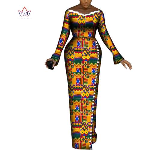 BRW African Dresses for Women Long Sleeve Party Dresses Bazin Riche African Print Mermaid Buttons African Women Clothing WY8240