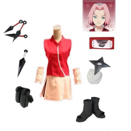 Anime Ninja womens Konoha Haruno Sakura Ninja Cosplay Costume Wig Full Set (dress(top+skirt)+Headband+Shoes+Kunai+bag+shuriken)