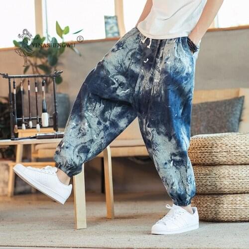 Japanese Print Harem Pants Embroidered Kimonos Harajuku Yukata Beam Feet Harem Men Asian Japan Traditional Cropped Male Costume