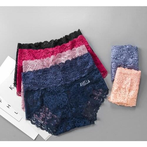BS21 Big Size Sexy Transparent Lace Briefs Summer Soft Cotton Crotch Underwear Female Intimates Solid Mid-Waist Panties