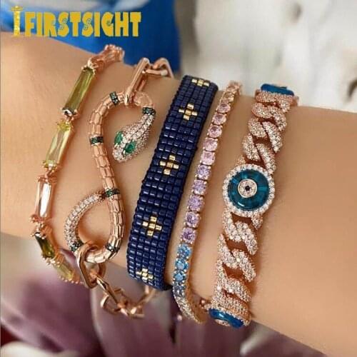 Silver Color Iced Out Bling Blue Lucky Evil Eye Bracelets 11mm Zircon Cuban Miami Link Chain Eyes Charm Bracelet Women Jewelry
