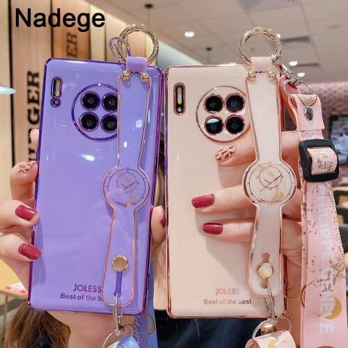 Nadege Electroplated Case For Huawei Mate 40 30 20 10 Pro Plus P40 P30 P20 lite Pro+ Soft TPU Neck Wrist Strap Lanyard Case