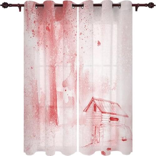 Wooden House Red Tone Living Room Kitchen Bathroom Curtains for Childrens Bedroom Window Decoration Hanging Cloth Curtains