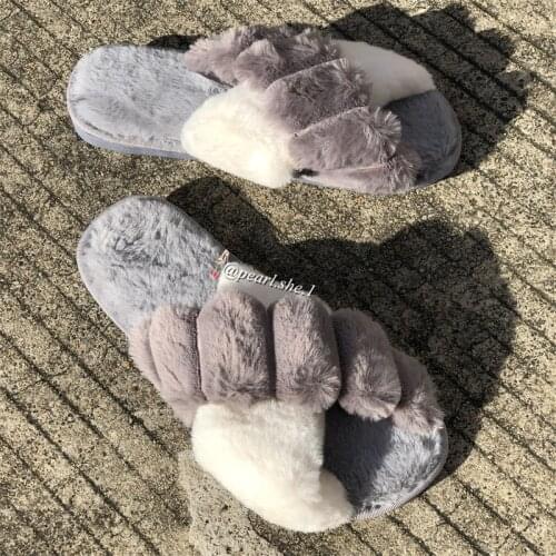 Designer Girl Fashion Fur Slippers Wholesale Faux Fur Cross Indoor Floor Slides Plush Platform Flats Heel