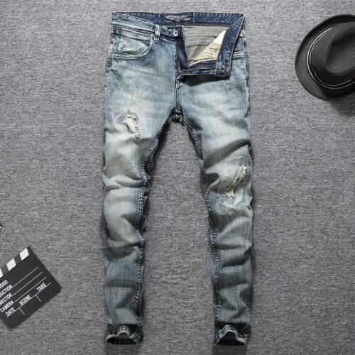 European Street Fashion Men Jeans Retro Gray Blue Elastic Slim Fit Ripped Jeans Men Vintage Designer Stretch Casual Denim Pants