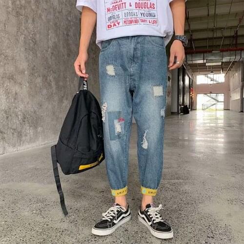 Summer new trendy 2020 mens thin section large size hole streetwear denim jeans stretch loose casual harem pants