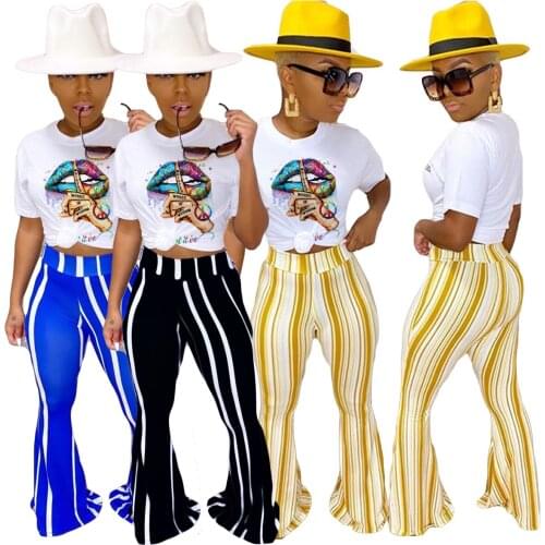 Echoine Women Two Piece Set Lips T-shirt High Waist Skinny Flare Sweatpants Strips Jogger Suit Tracksuit Matching Set Clothing