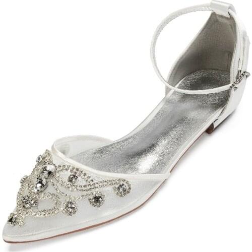 Elegant bridal wedding flat shoes pointed toe ankle strap crystal applique mesh satin evening dress flats party prom girl' dance