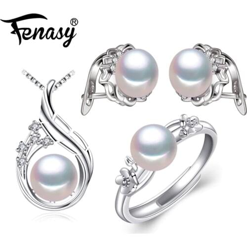 FENASY 925 Sterling Silver Flower earrings Cubic zirconia natural Pearl jewelry sets for women bohemian set clip earrings rings
