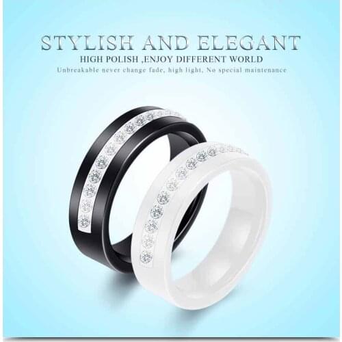 Korean New Fashion Simple Womens Black and White Single Row zircon Space Porcelain Ring Jewelry