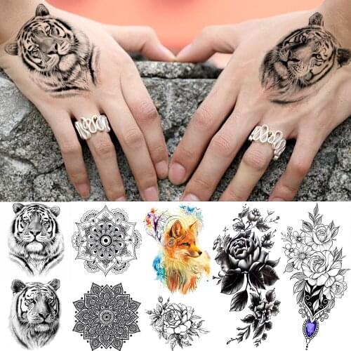 Fashion Tiger Temporary Tattoo Sticker Black Mandala Flower Fox Tatoo For Adult Party Festival Body Art Fake Jewelry Decor Tatoo