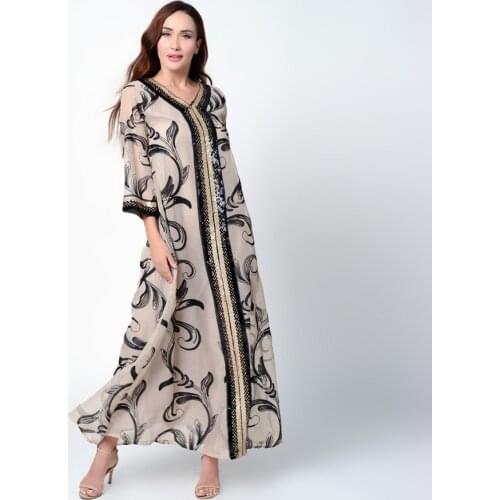 Muslim Clothes Sequins Embroidered Abaya Dress for Women V Neck Long Sleeve Arabic Turkey Moroccan 2021 Summer