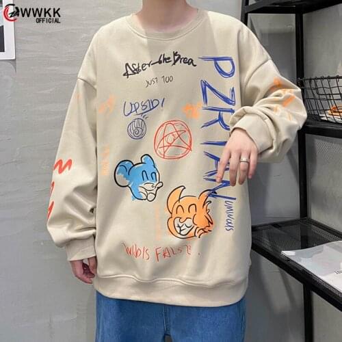 WWKK 2021 New Mens Japanese Style Anime Graffiti Sweatshirts Casual Oversize Woman Fashion Hoodies Streetwear Couple Clothing