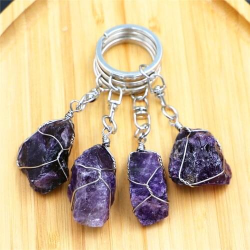 Original Amethysts Crystal Quartz Stone Pendant Car Buckle Chain Key Ring Natural Stone Key Chain Handbag Purse Clip Gold Nugget