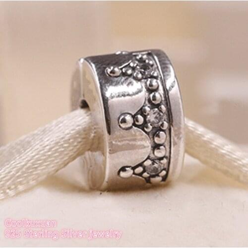 Autumn 100% 925 Sterling Silver Dazzling Crown Clip, Clear CZ Beads Fit Original Brand Charms Bracelet Jewelry Making