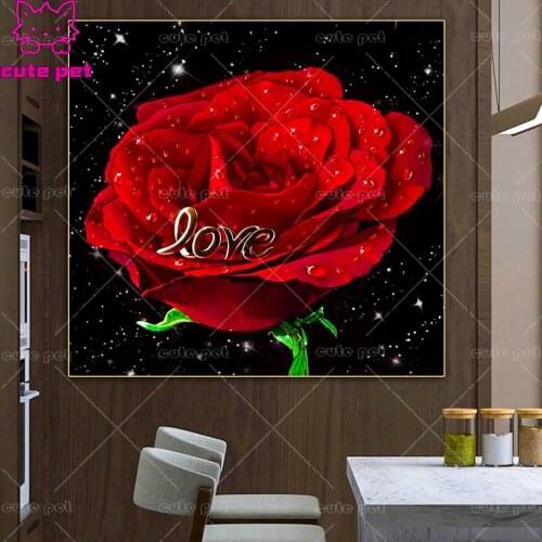 Full Round square Drill Red rose with water drops Diy Diamond Painting Cross Stitch 3D Diamond puzzle Embroidery Mosaic Decor