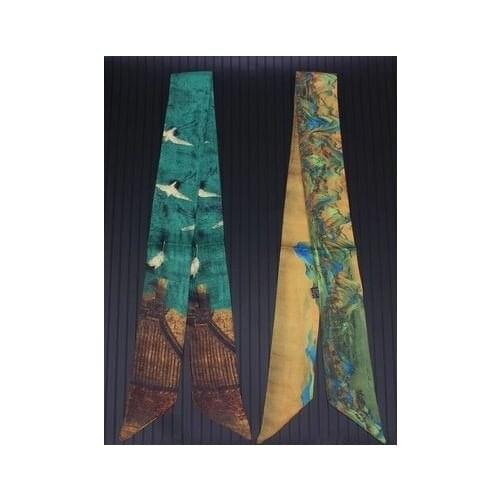 100*5cm New Chinese-Style Auspicious Crane Painting Printing Tie Bag Handle Small Ribbon Silk Scarf Headband Female