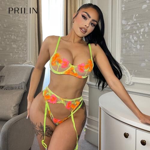 PRILIN Women Sexy Lingerie Set Transparent Embroidery Floral Push Up Bra Panty Garter Belts Erotic Temptation Sensual Underwear