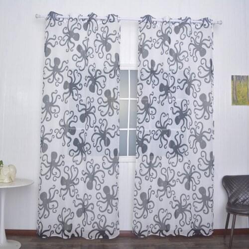 FMH Sheer Curtain Panels for Living room Bedroom French Window Faux Linen Tulle Printed Octopus with Tiebacks Free