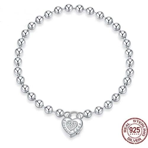 Real 925 Sterling Silver Heart Bracelet Bead Chain Bracelet For Women Wedding Original Bracelet Authentic s925 Silver Jewelry