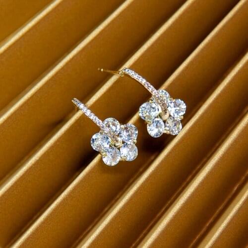 Luxury Clear Crystal Zirconia Flower Earrings Gold Semicircle Hoop Christmas Jewelry For Women Dress Wedding Party Gifts
