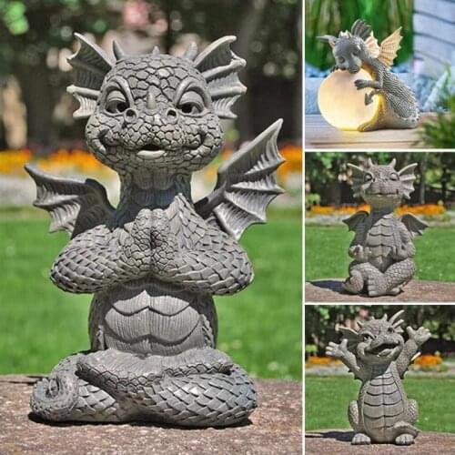 Garden Dragon Meditation Statue Dog Resin Statue Ornament Dinosaur Shape Meditation Sculpture Outdoor Yard Decoration Supplies