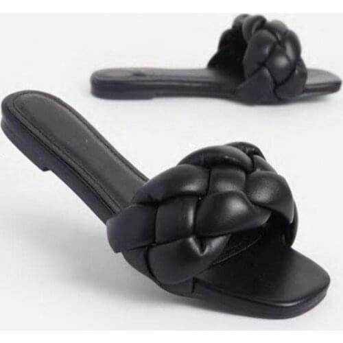 New Fashion Women Summer Slippers Ladies Square Toe Sandal Slipper Casual Flip Flops Beach Weave Flat Shoes Female Slip Shoes