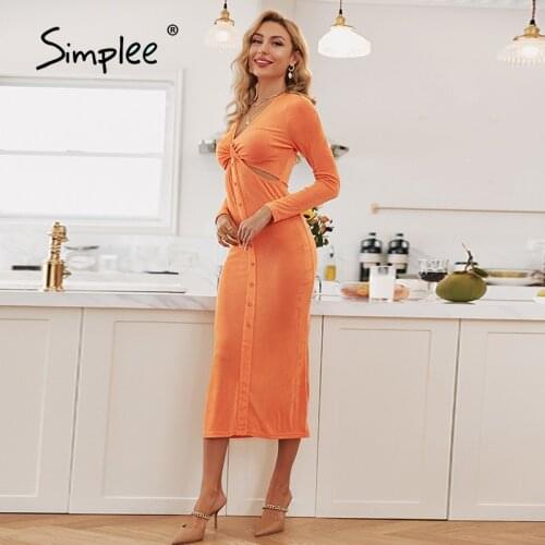 Simplee Sexy hollow out knot buttons v-neck women dress Elegant long sleeves slim party vestidos Female solid straight dresses