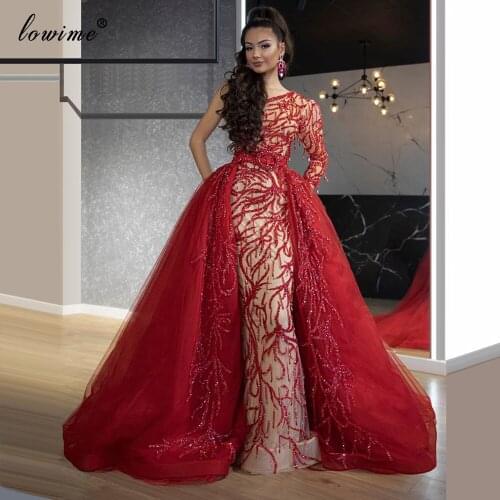 Gorgeous Burgundy Dubai Evening Dress With Detachable Train Muslim One Shoulder Evening Gowns Glitter Sequins Prom Dress Party