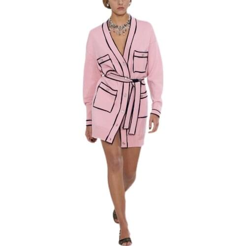 Runway Tops Femme 2021 Spring Fashion V-neck Long Sleeve Pink Knitted Sweater Women Casual Long Cardigan Mujer
