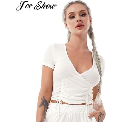 Women Sexy Sport Yoga shirts Summer Gym Workout Fitness Tops Sportswear Pure Color Deep V Neck Short Sleeve Cropped T-shirts Top