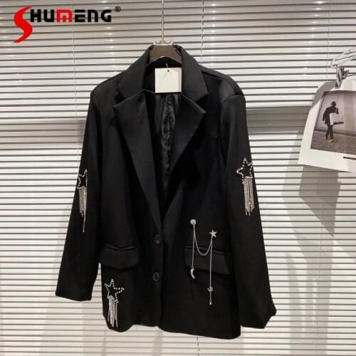 2021 Spring New Stars Rhinestone Tassel Chain Shiny Long Sleeve Suit Jacket for Women Fashion Blazer Coats Ladies Outwear