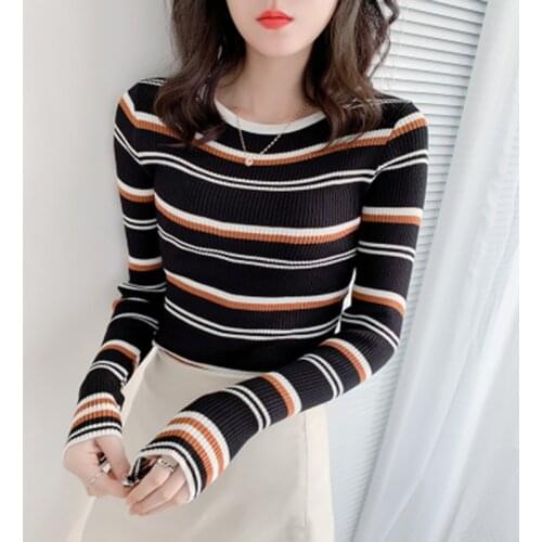 Womens Sweater Knitted Striped O-Neck Sweater Mujer Slim Pullovers Pull Femme Spring Autumn Long Sleeve Jumpers Sweater 2021