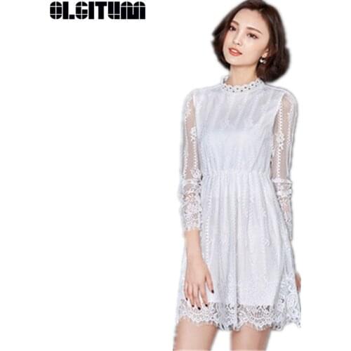 White Lace Dress 2020 New Spring Women Elegant Vintage Floral Hollow Crochet Long Sleeve Stand Collar Tunic Dress DR468