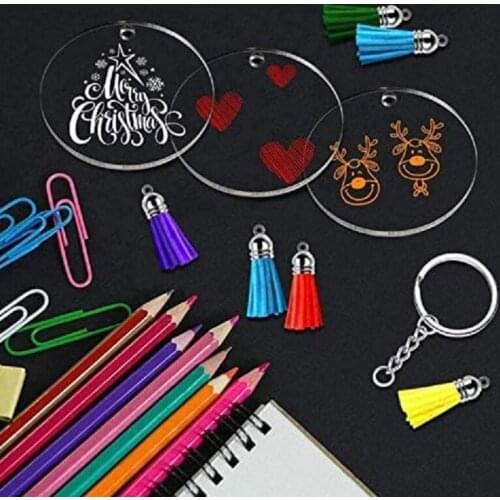 30 Pcs Acrylic Blanks Clear Discs 15 x Round 15 x Hexagon with 30 Pcs Keychains and 30 Pcs Silver Tassel Keyring