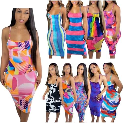 42H1638 Summer Women Casual Fashion Sexy Skinny Print Sling Dress Vestidos Plus Size Hot