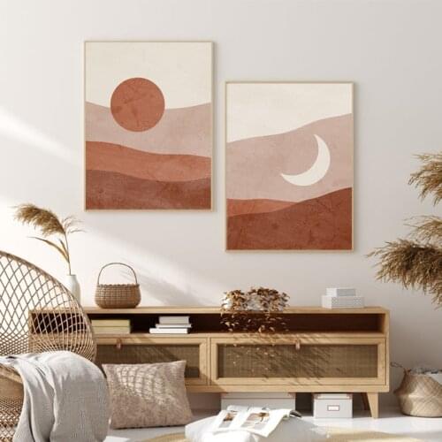 Boho Abstract Sun and Moon Canvas Poster Mid Century Modern Wall Art Prints Terracotta Painting Gallery Wall Pictures Home Decor