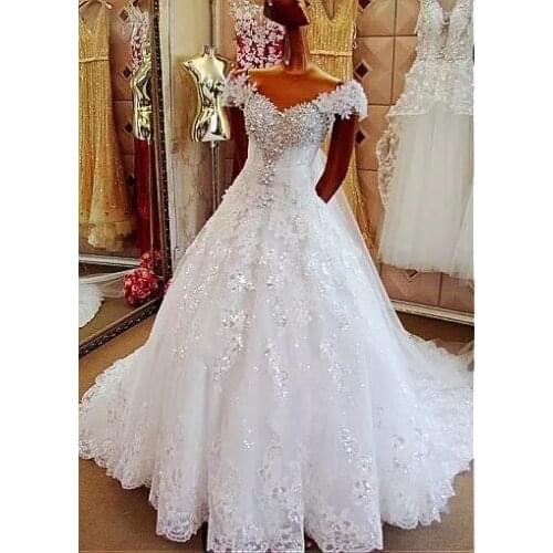 ANGELSBRIDEP Tulle Off Shoulder V-Neck Wedding Dresses Court Train Ball Gown Vestidos De Novia Lace Appliques Custom Make