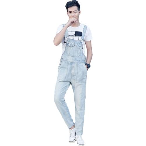 2020 New Autumn Mens Denim Jumper Trousers Loose Casual Light White Jumpsuit Super Denim Workwear Fashion Pocket Workwear