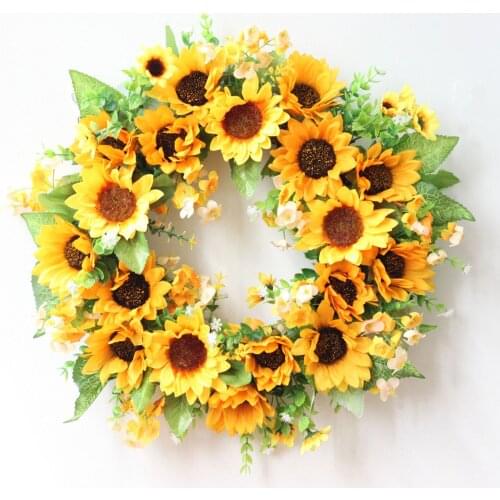 40CM Artificial Sunflower Summer Wreath Decorative Fake Flower Wreath With Yellow Sunflower & Green Leaves Home Decoration New
