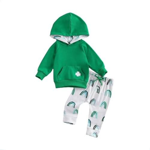 2Pcs Toddlers Spring Tracksuits Clover Printed Hooded Long Sleeves Pullover Rainbow Prints Pants Suit for Baby Girls Boys Cothes