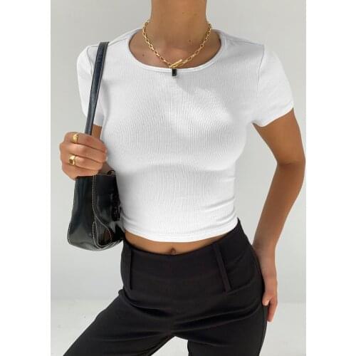 The Latest Arrival Women Black And White Casual Rib Knit T-Shirt Sexy Short-Sleeved Solid Color Lace Open Back Slim Tailored Top